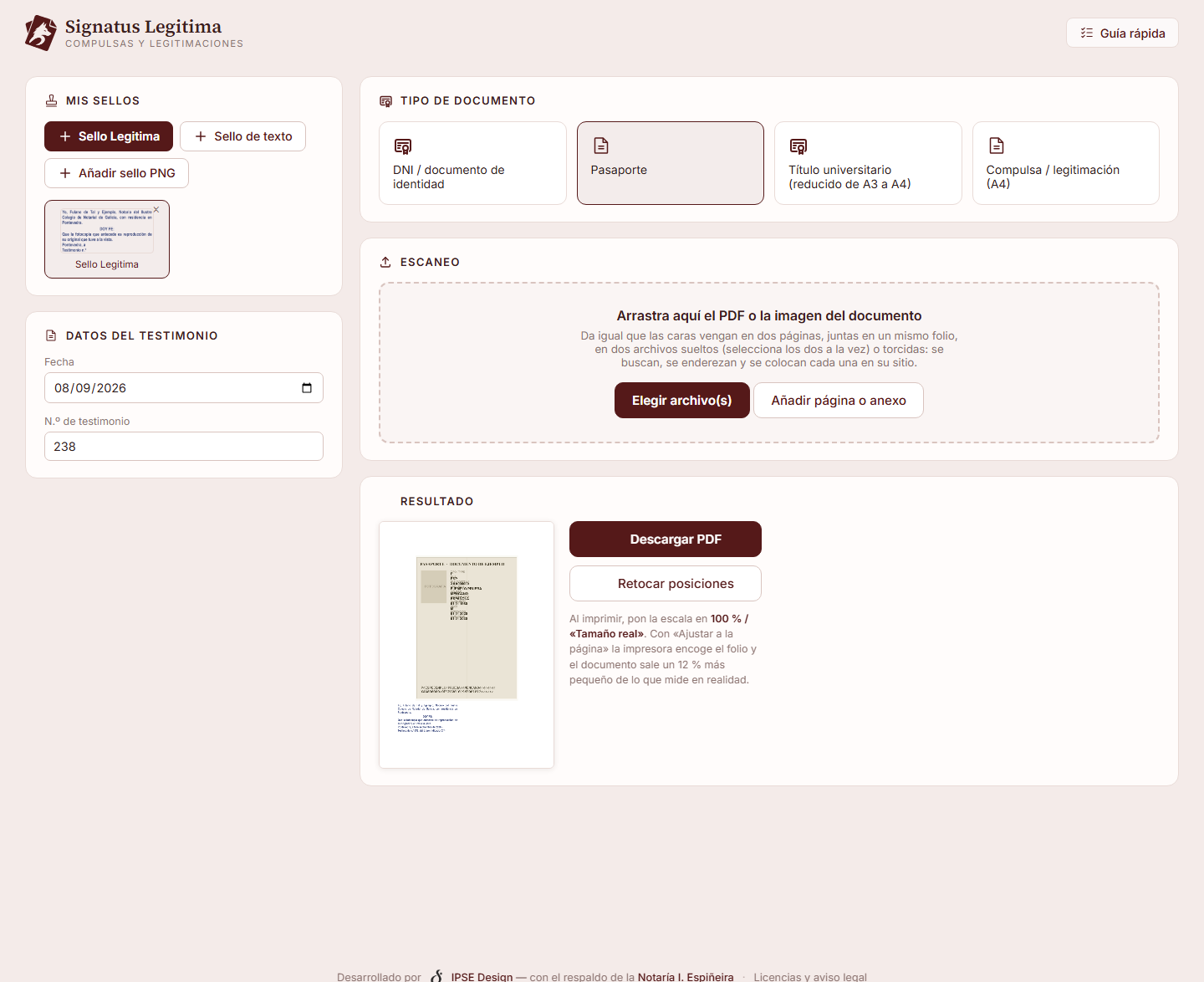 Signatus Legítima con el pliego de un pasaporte colocado en el folio y el sello debajo