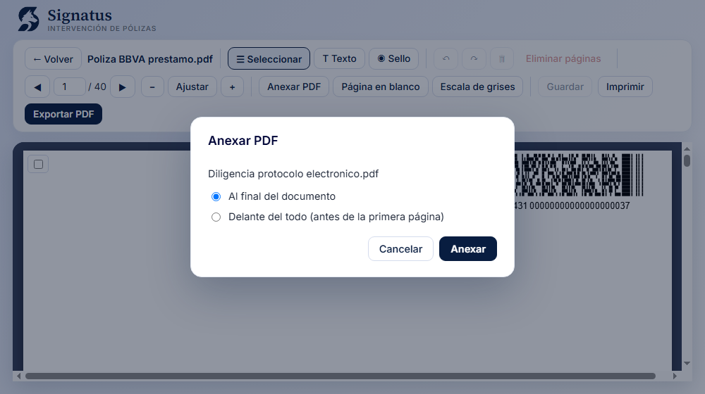 Diálogo de anexar un PDF a la póliza, eligiendo si va al final o delante