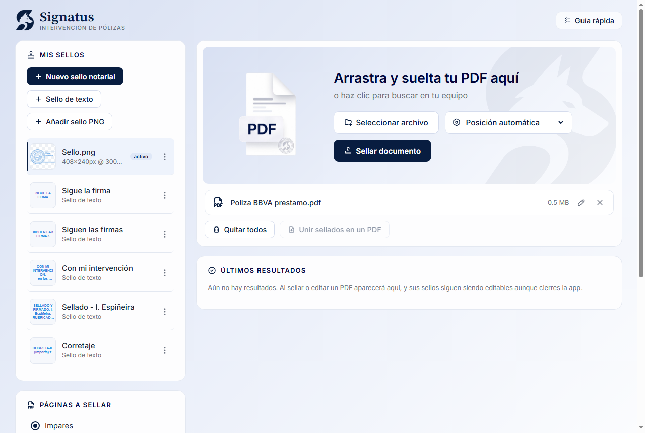 Pantalla principal de Signatus Pólizas con la biblioteca de sellos a la izquierda y la zona de arrastre del PDF