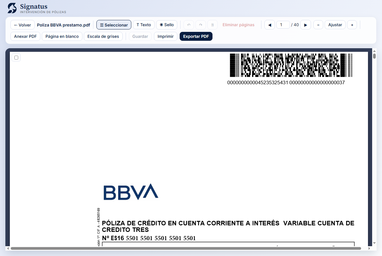 El editor de Signatus Pólizas con una póliza abierta y la barra de herramientas