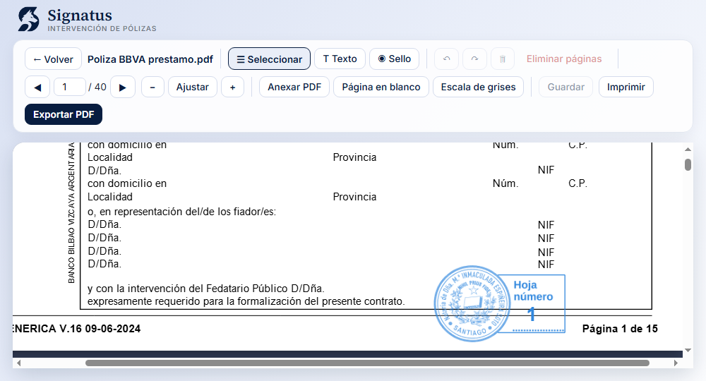Una página de póliza con el sello y el cajetín de número de hoja colocados junto al pie